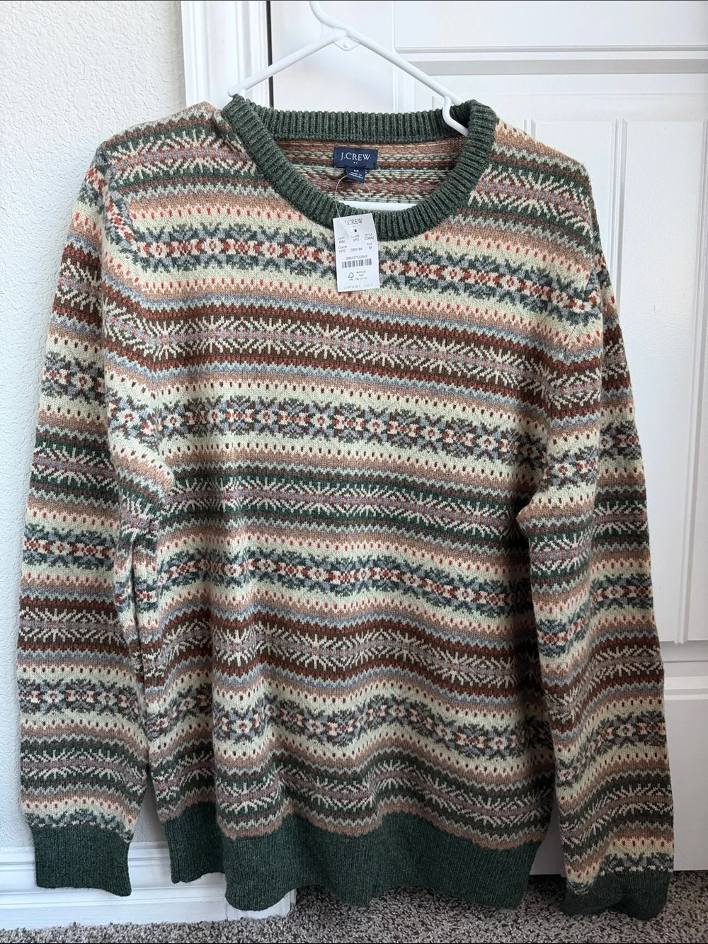 J. Crew Men's Green, Cream & Brown Fair Isle Crewneck Sweater